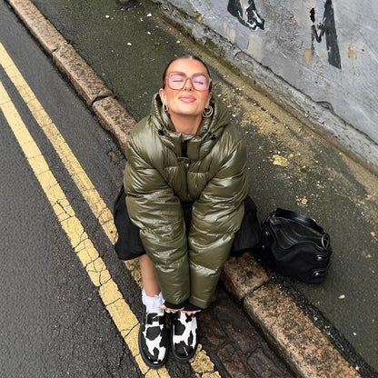 Women's Short Shiny Padded Jacket with Hood and Boxy Silhouette EVA-US