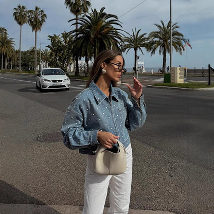 Women's Cropped Denim Jacket with Bead Detailing and Oversized Sleeves EVA-US