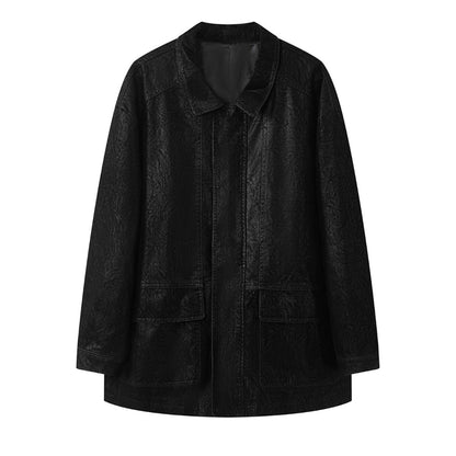 Women's Oversize Faux Leather Coat with Zipper and Patch Pockets EVA-US
