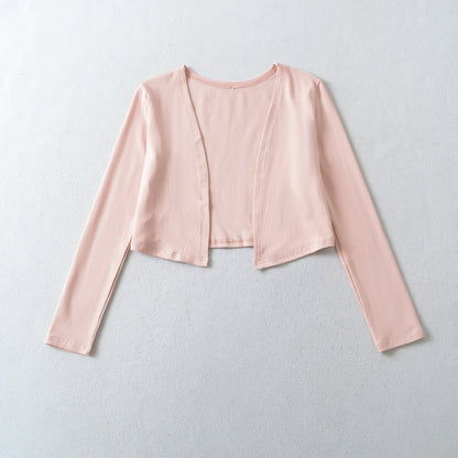 Ladies Two-Piece Fine Knit Top Set with Mesh Insert and Open Cardigan EVA-US