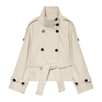 Women short double-breasted cape coat made of wool with stand-up collar shoulder epaulettes and tie belt EVA-US