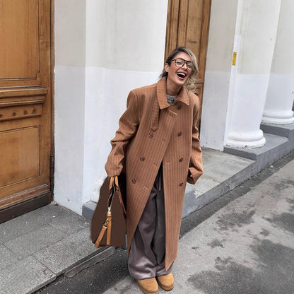 Women Double-Breasted Oversized Wool Blend Coat with Pinstripes and Loose Fit EVA-US