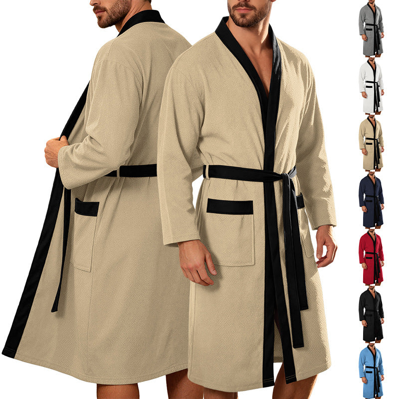 Men's lightweight cotton kimono bathrobe with waffle texture and patch pockets EVA-US