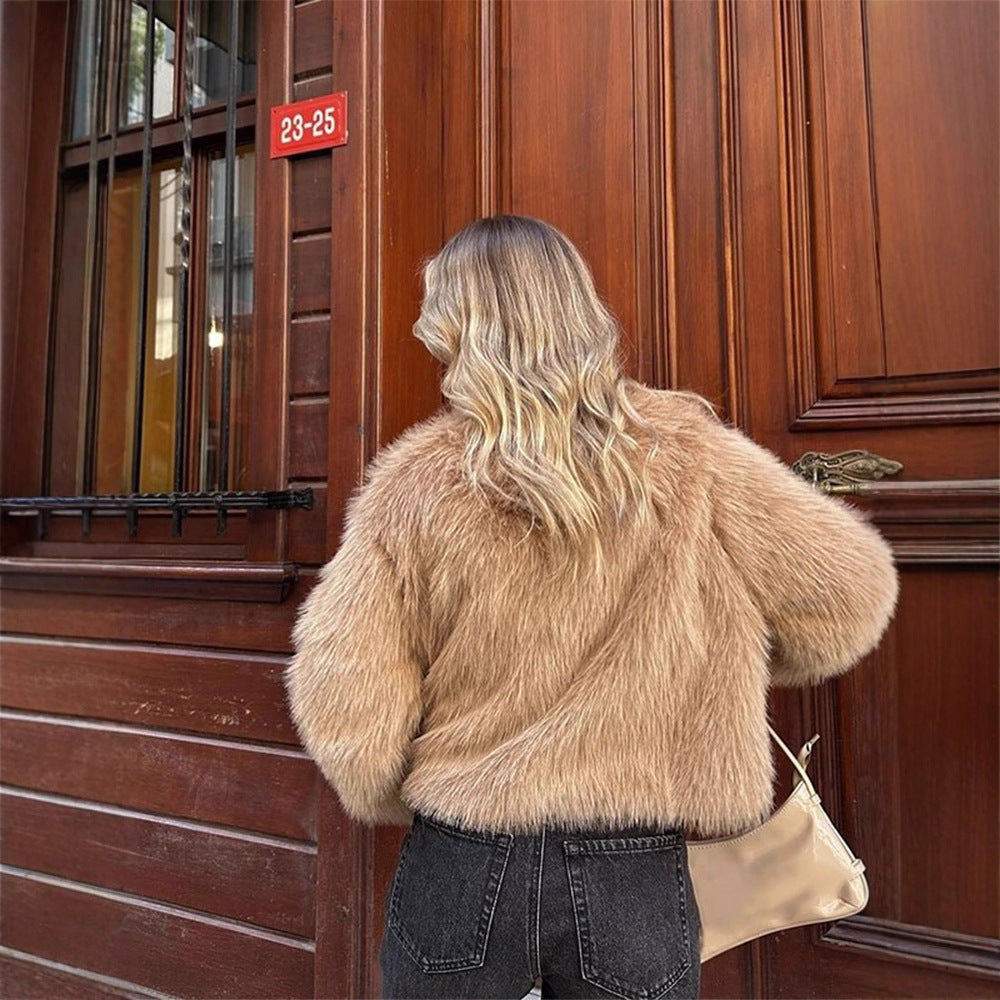 Women's Short Cut Faux Fur Coat with Decorative Ribbons and Boxy Silhouette EVA-US