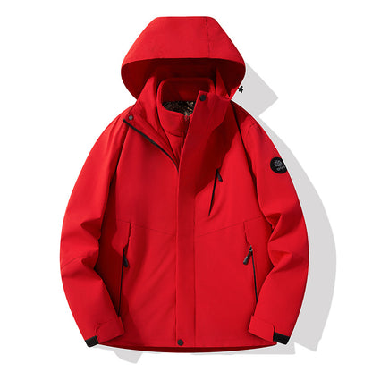 Men's three-layer breathable softshell trekking jacket with integrated fleece collar and adjustable hood EVA-US