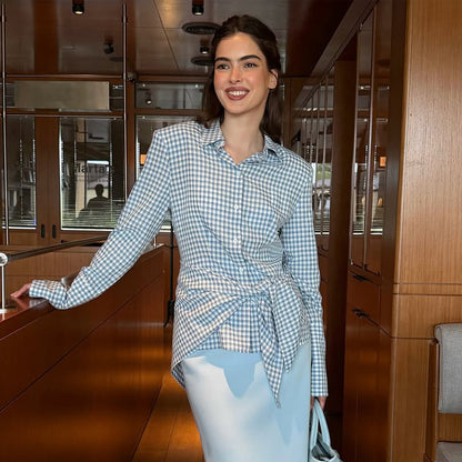 Women's Gingham Wrap Blouse with Side Waist Tie and Shirt Collar EVA-US