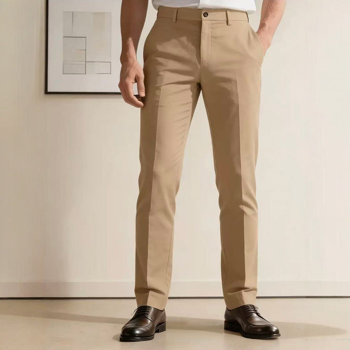 Men's narrow-cut business pants with crease, flat waistband, and stretch comfort EVA-US