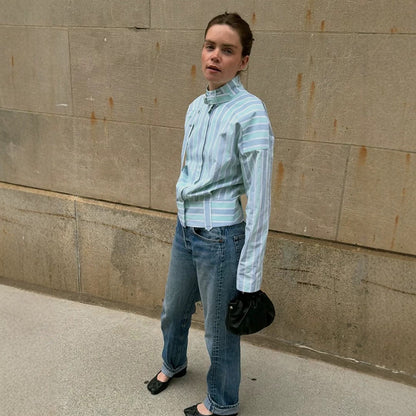 Women's Structured Blouse with Stand Collar, Waist Belt and Vertical Stripe Design EVA-US