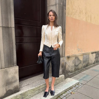 Women Tailored Cropped Blazer with Sculpted Shoulder and Decorative Trimmings EVA-US