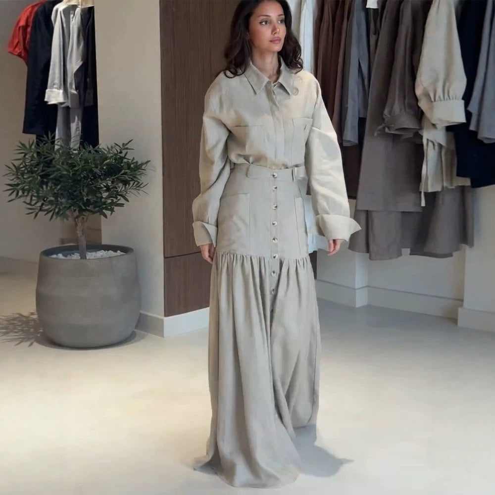 Women Two-Piece Oversized Shirt and Maxi Skirt Set with High Waist & Continuous Button Placket EVA-US
