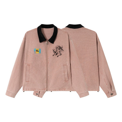 Unisex Boxy Blouson Jacket made of washed cotton twill with cord collar and print details EVA-US