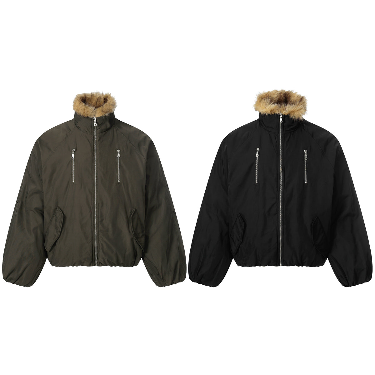 Men's short-cut boxy puffer jacket with faux fur hood and vertical zip pockets EVA-US