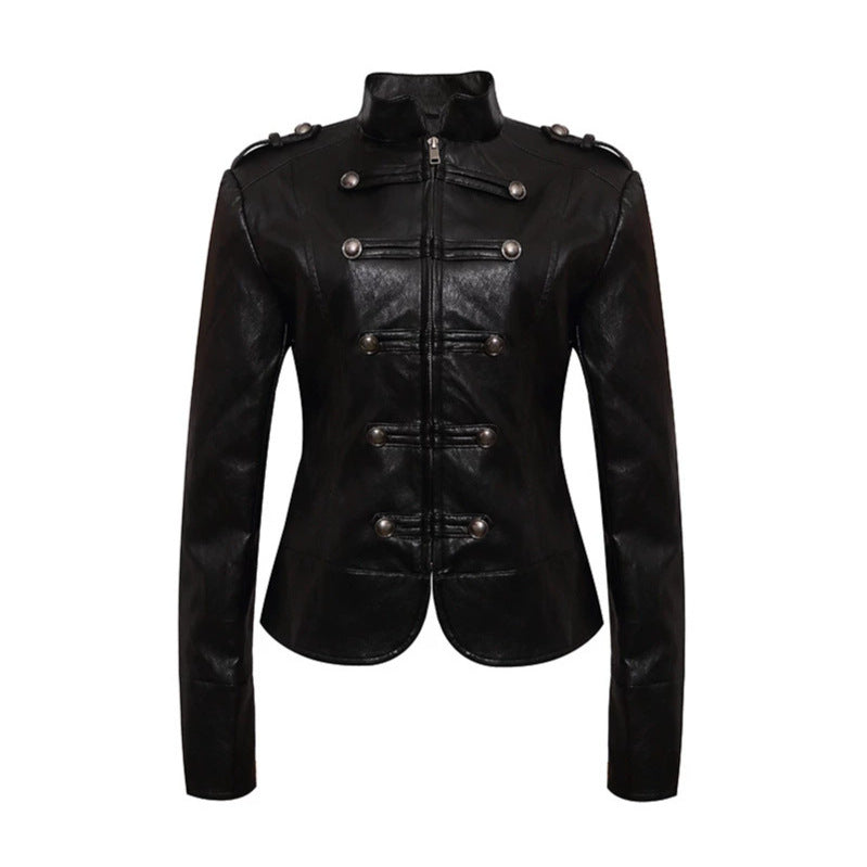 Women’s fitted leather jacket in military style with stand-up collar and decorative button placket EVA-US