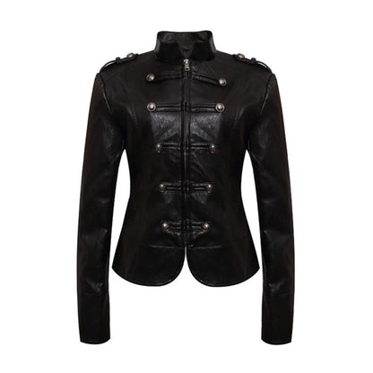 Women’s fitted leather jacket in military style with stand-up collar and decorative button placket EVA-US