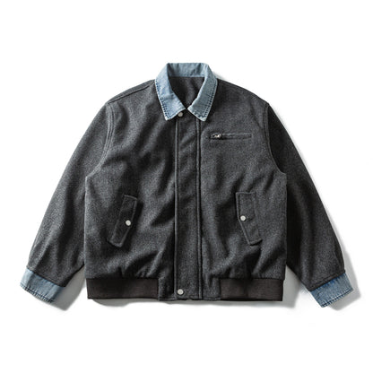 Men's Short Wool Blend Bomber Jacket with Denim Collar and Flap Pockets EVA-US