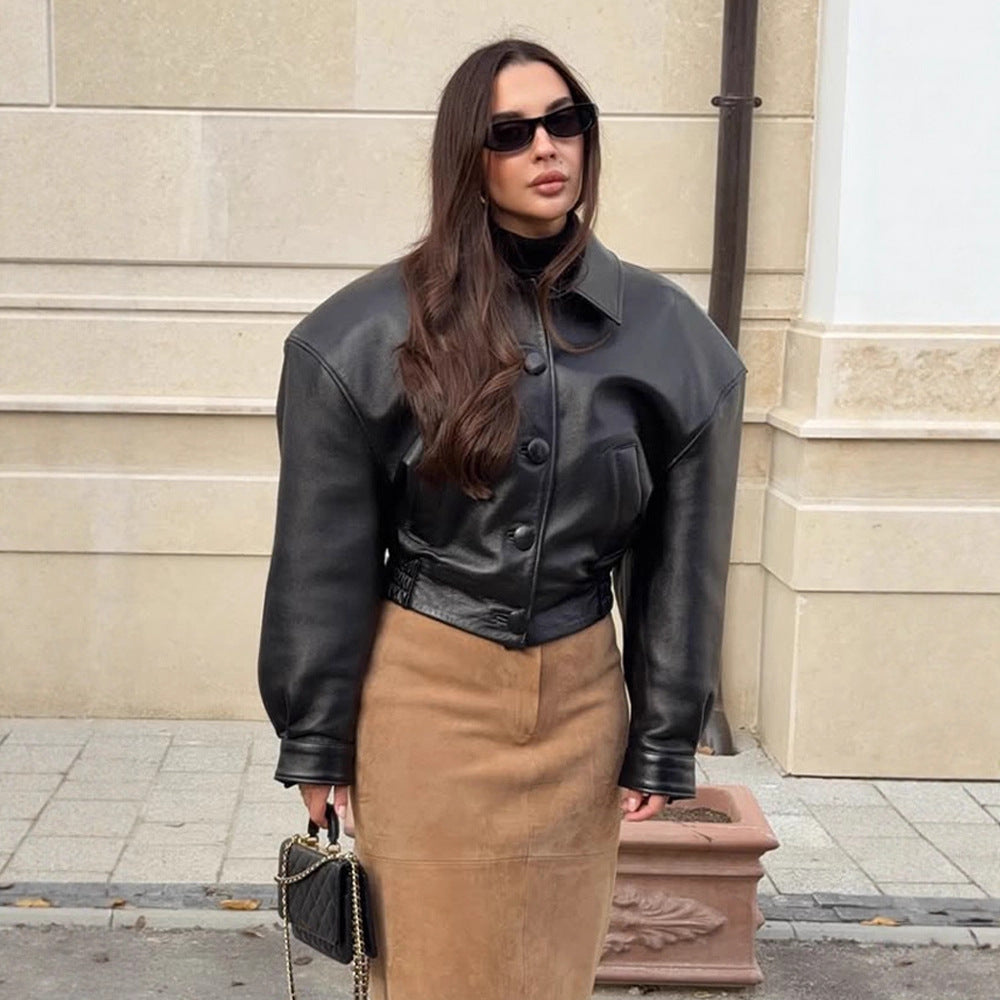 Women's short jacket made of vegan leather imitation in boxy cut with oversized shoulders and hidden button placket EVA-US