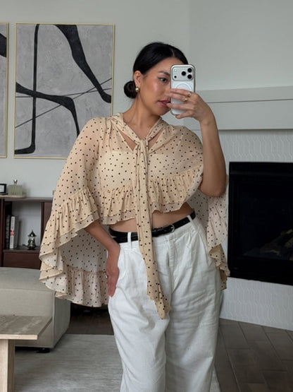 Women’s transparent polka dot chiffon cropped blouse with tie band, ruffles and cape cut EVA-US