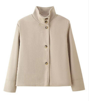 Women's 9800+ short boxy wool blend jacket with high funnel collar, asymmetrical button placket and adjustable cuffs EVA-US