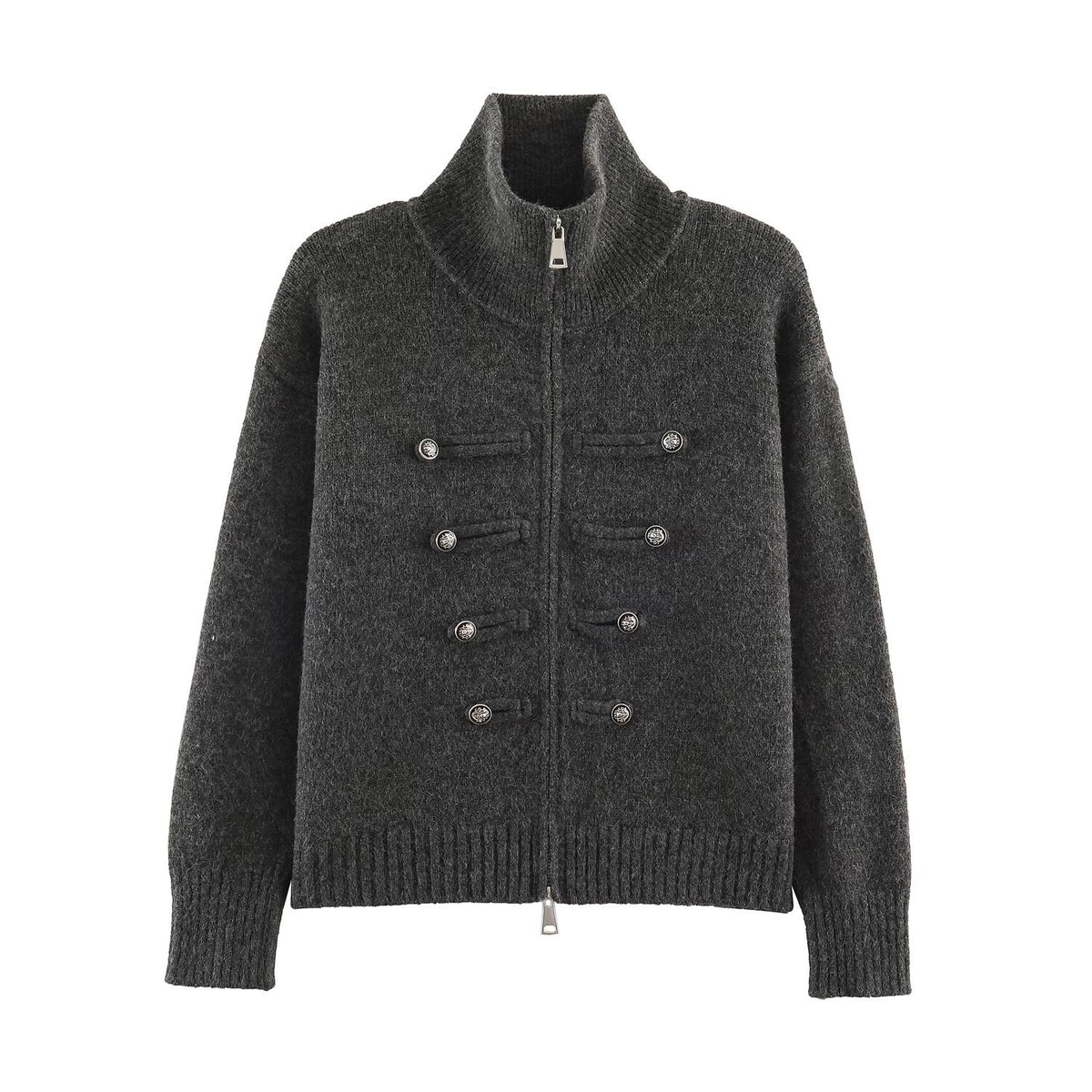 Women's cardigan with zipper, high stand-up collar, and decorative button plackets EVA-US