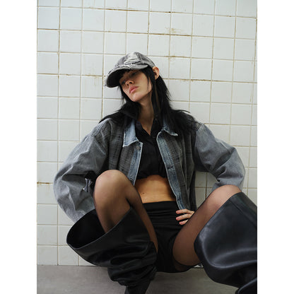 Unisex Boxy Denim Jacket with Checkered Front Panel, Contrasting Denim Sleeves and Snap Button Placket EVA-US
