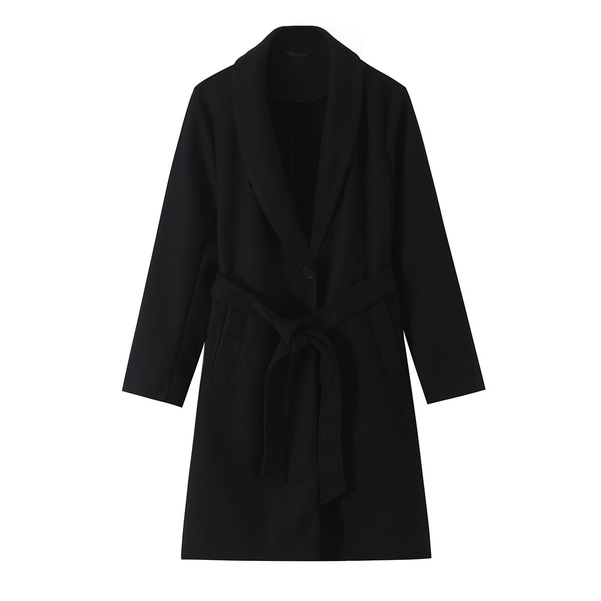 Women's Midi-Length Wool Blend Coat with Shawl Collar and Tie Belt EVA-US