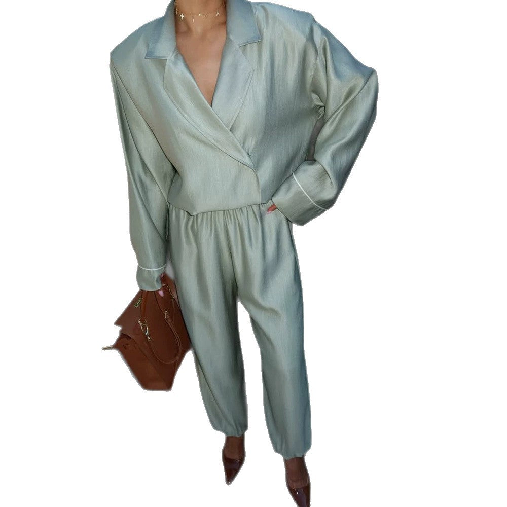 Ladies' satin two-piece with wrap blouse, wide trousers and elastic waistband EVA-US