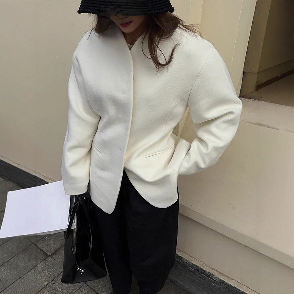 Women Tailored collarless wool blend short coat with clear silhouette EVA-US