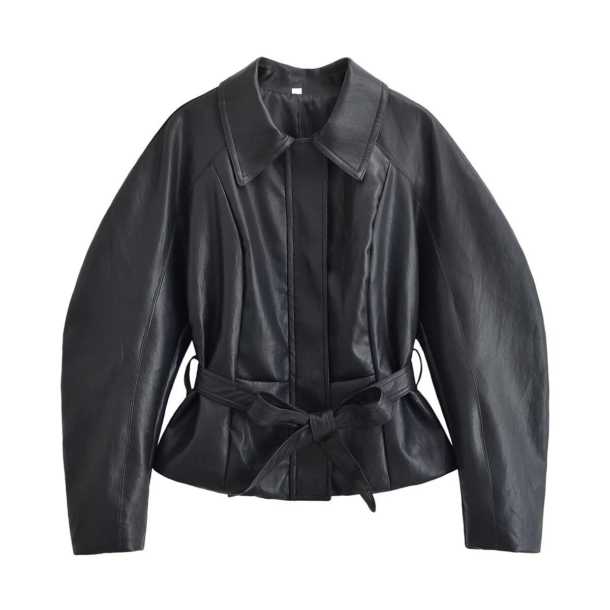 Women's Tailored Leather Look Jacket with Tie Belt and Balloon Sleeves EVA-US