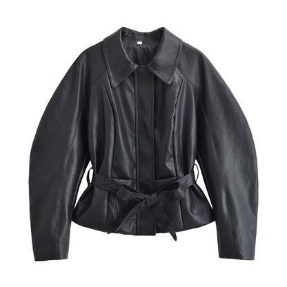 Women's Tailored Leather Look Jacket with Tie Belt and Balloon Sleeves EVA-US