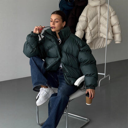 Ladies short puffer jacket with thermal filling, oversized hood & concealed two-way zipper EVA-US