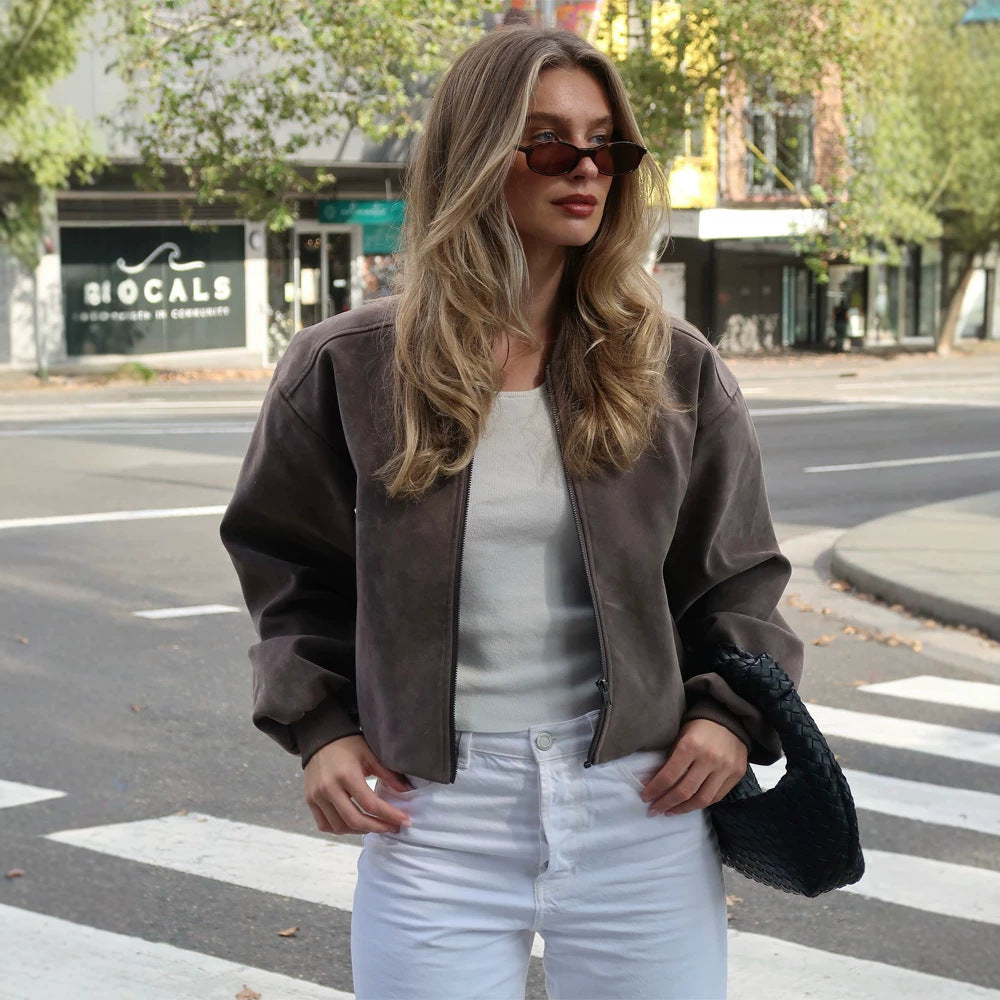 Women's Short Boxy Suede Bomber Jacket with Stand Collar and Ribbed Cuffs EVA-US