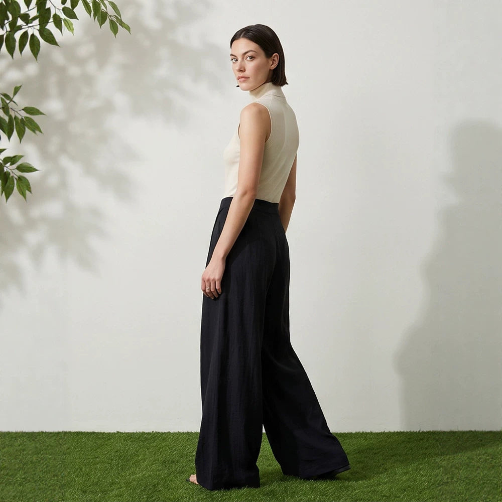 Women High-Waist Wrap Palazzo Pants with Wide Leg and Flowing Linen Look EVA-US