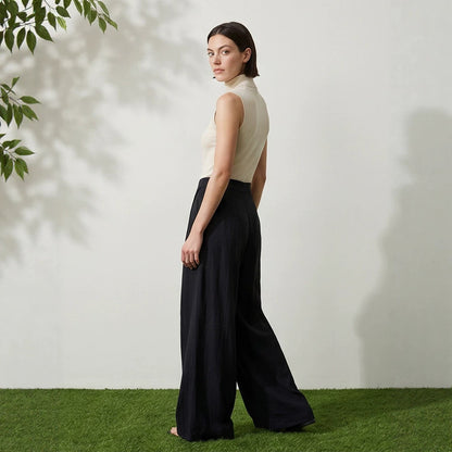 Women High-Waist Wrap Palazzo Pants with Wide Leg and Flowing Linen Look EVA-US