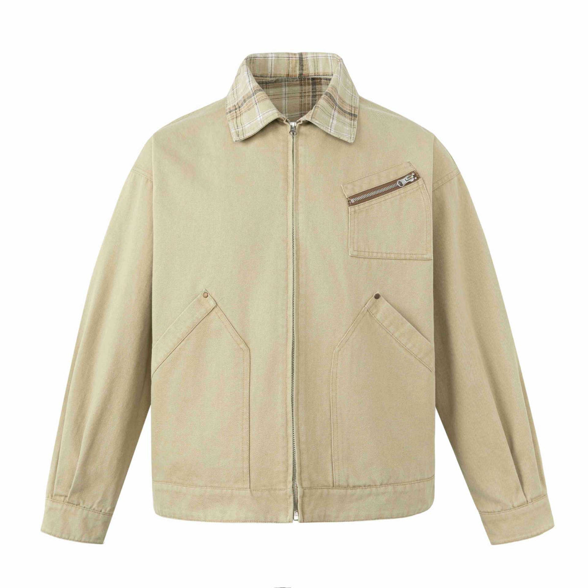 Men's short-cut canvas workwear blouson with check collar and zip chest pocket EVA-US