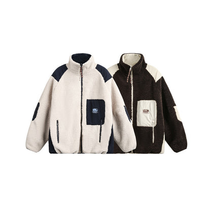 Unisex Oversize Teddy Fleece Jacket with Contrast Nylon Inserts and Stand-Up Collar EVA-US