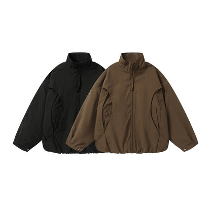 Unisex Short-cut Oversize Boxy Blouson with High Stand-up Collar, Curved Pocket Design and Elastic Hem EVA-US
