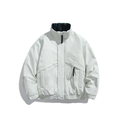 Unisex Short Cut Padded Boxy Bomber Jacket with High Stand-up Collar and Diagonal Flap Pockets EVA-US