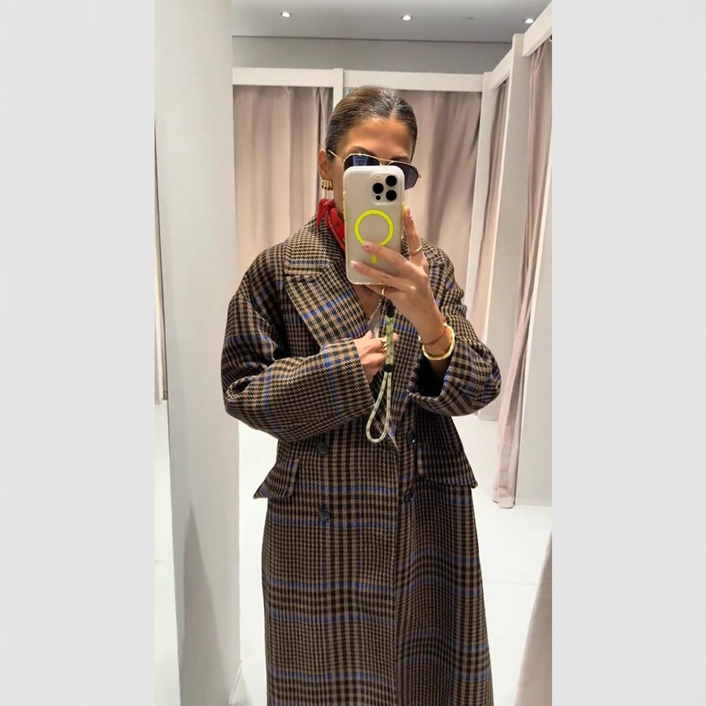 Women's Maxi Long Oversized Double-Breasted Coat with Enhanced Shoulder and Flap Pockets EVA-US