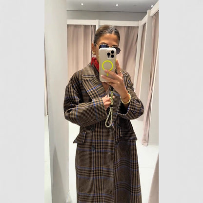 Women's Maxi Long Oversized Double-Breasted Coat with Enhanced Shoulder and Flap Pockets EVA-US