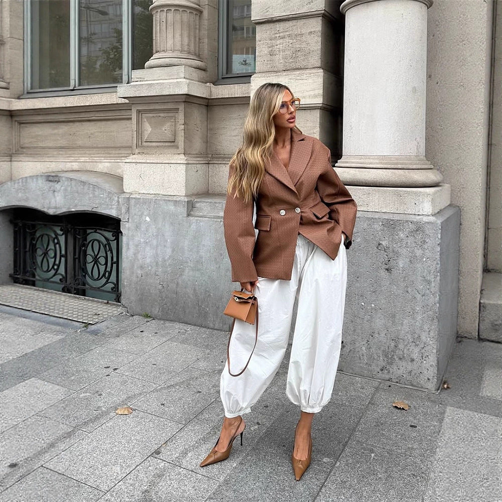 Women's Boxy Blazer with tailored draping and structured faux leather look EVA-US
