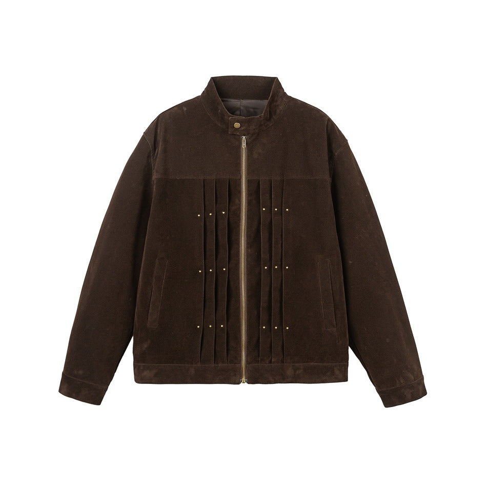 Men's Velour Leather Look Blouson Jacket with Pleated Yoke and Stud Detail EVA-US