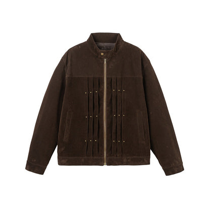 Men's Velour Leather Look Blouson Jacket with Pleated Yoke and Stud Detail EVA-US
