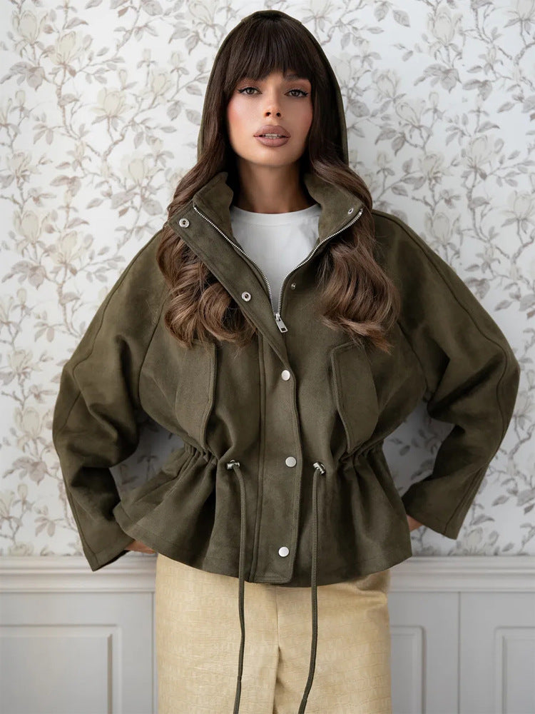 Women's short jacket made of suede look with hood, drawstring waist and patch pockets EVA-US