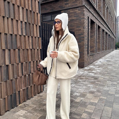 Women's teddy fleece oversized jacket with high stand-up collar, contrasting zip placket and insert pockets