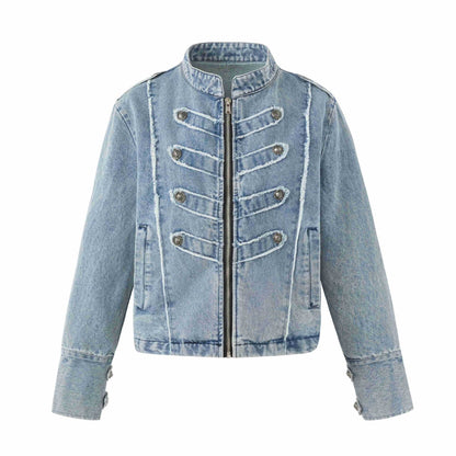 Women's denim blouson in military look with standing collar and decorative button placket EVA-US
