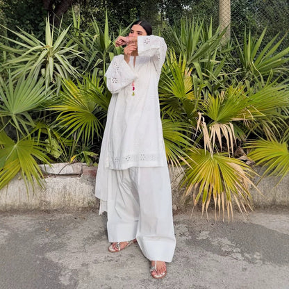 Women Loose Tunic Set with Broderie Anglaise and Wide Harem Pants EVA-US