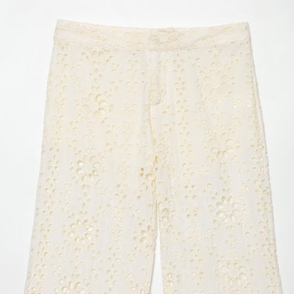 Women's Wide Broderie-Anglaise Flared Trousers with High Waist and Flared Leg EVA-US