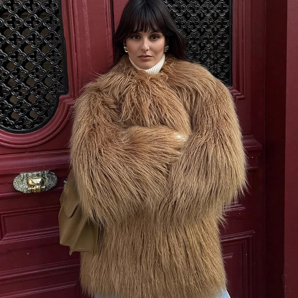 Women's Oversize Shaggy Faux Fur Coat with Long Pile Texture and Concealed Button Placket EVA-US