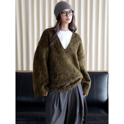 Women's Oversize V-Neck Sweater in Mohair Look with Voluminous Silhouette EVA-US