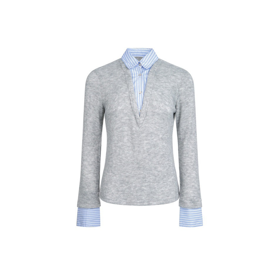 Women's Layered Look Sweater with Integrated Shirt Collar and Cuffs EVA-US